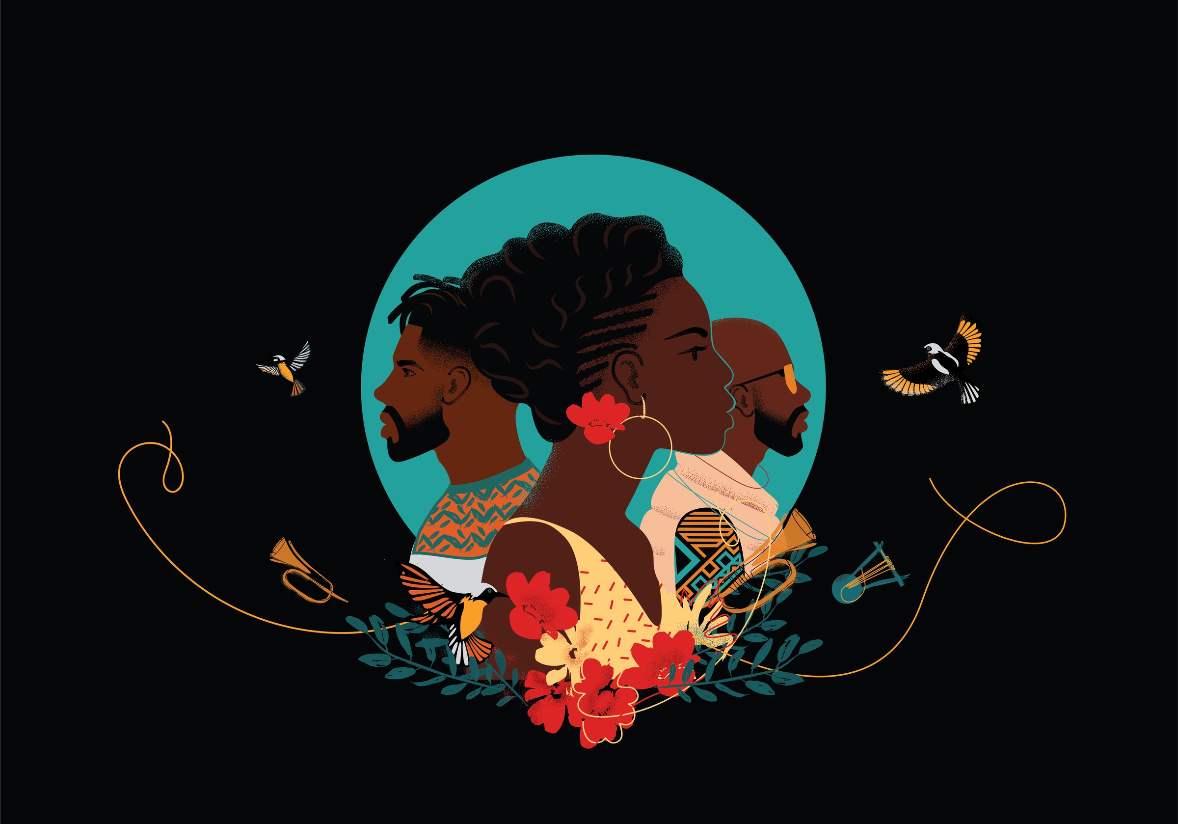 Arada key visual, three profiles back to back with hummingbirds and flowers